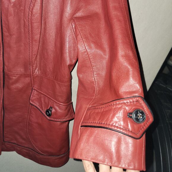 Oxblood Red Genuine Leather Jacket Long Women's Size M/L Button 3/4 Sleeve Chic - Picture 5 of 12